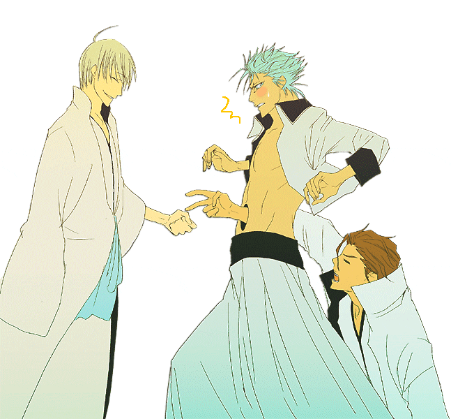 aizen_sousuke, bleach, grimmjow_jaggerjack, ichimaru_gin, male, play, rock_paper_scissors, surprise, sweatdrop