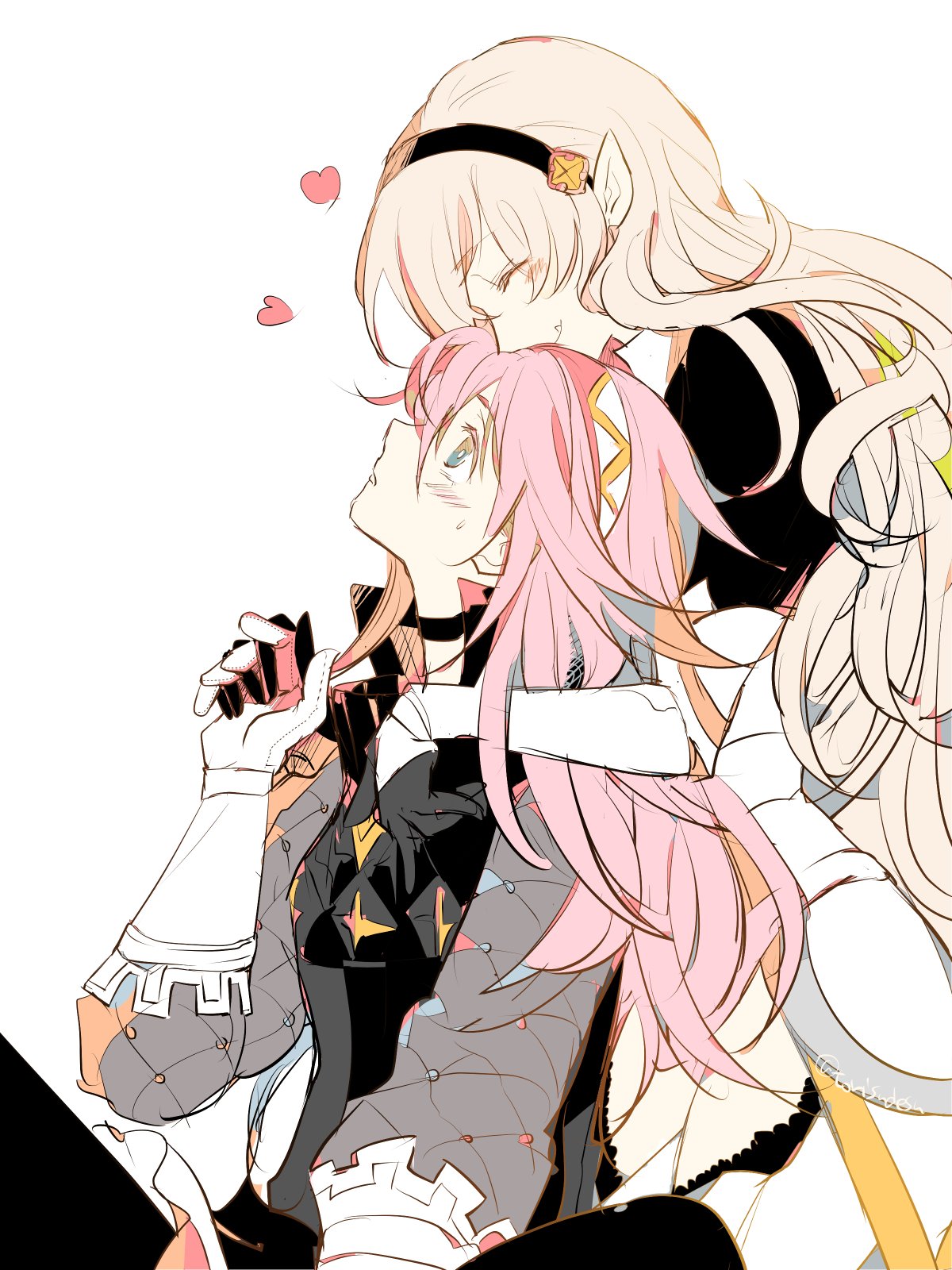 2girls, armor, blush, cape, female_my_unit_(fire_emblem_if), fire_emblem, fire_emblem_if, gloves, hairband, highres, hug, long_hair, multiple_girls, my_unit_(fire_emblem_if), pink_hair, pointy_ears, red_eyes, smile, torisudesu, white_hair, yuri