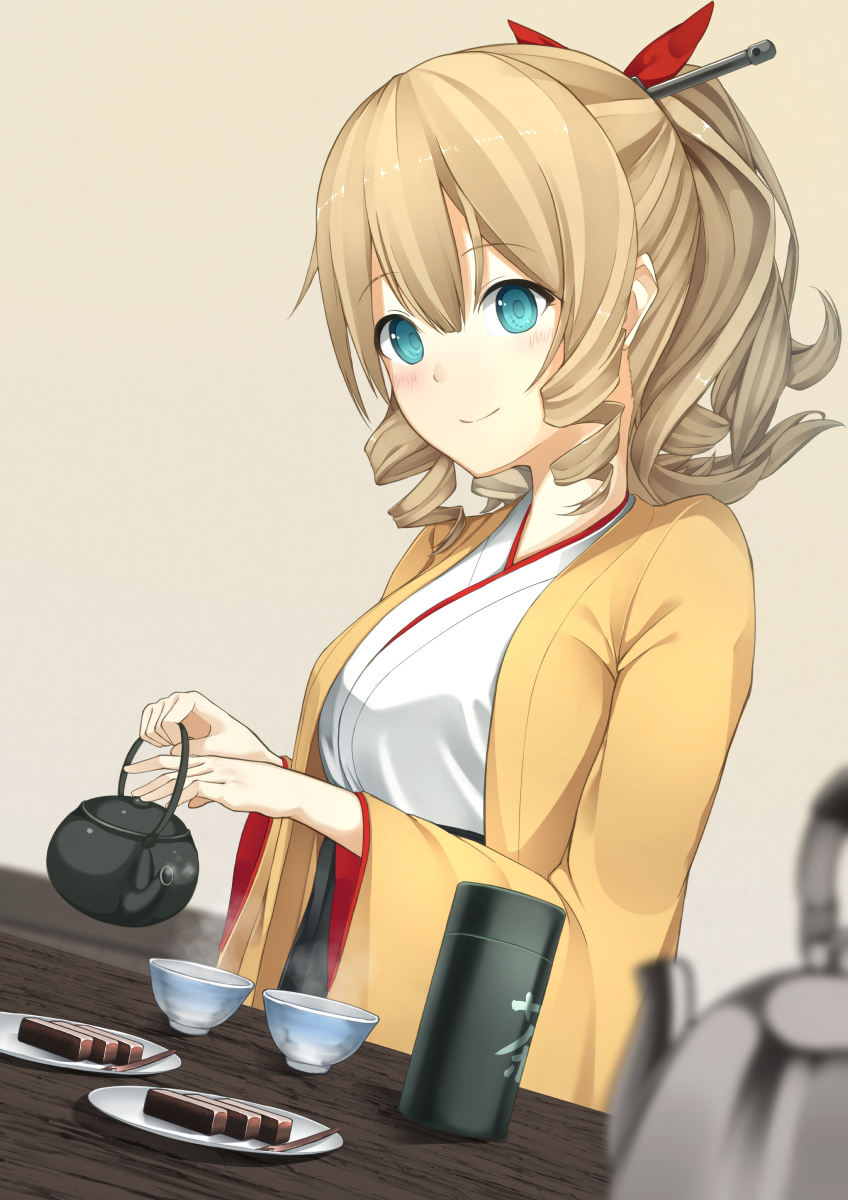 1girl, aqua_eyes, bangs, blonde_hair, blurry, blush, bow, breasts