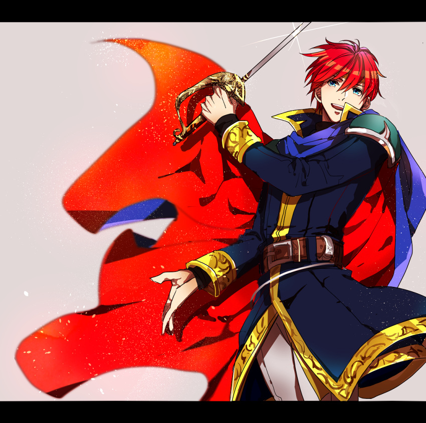 1boy, :d, alternate_clothes_color, alternate_color, belt, black_clothes, blue_cape, blue_eyes