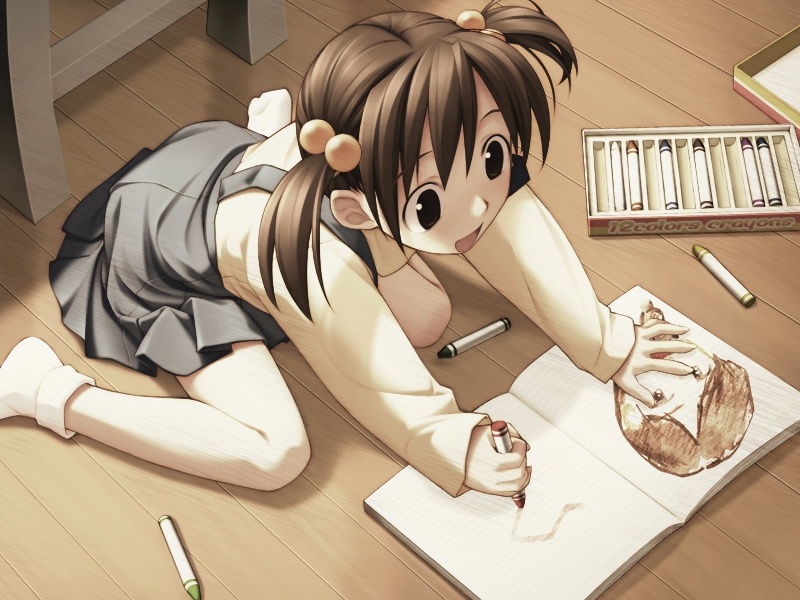 crayon, crayons, drawing, dress, game_cg, hair_bobbles, hair_ornament, hashimoto_takashi