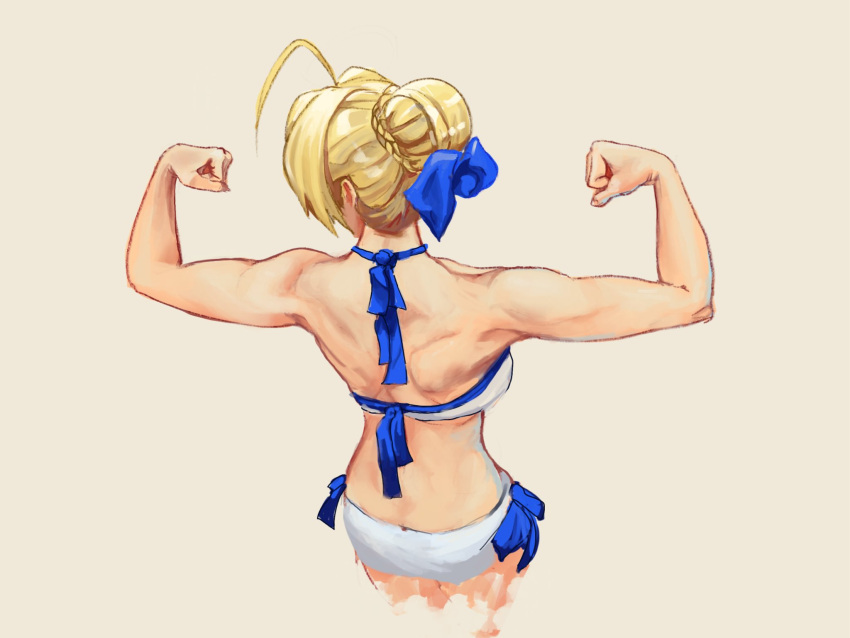 1girl, ahoge, artoria_pendragon_(all), biceps, bikini, commentary, fate/stay_night, fate_(series), flexing, from_behind, hair_bun, highres, muscle, muscular_female, phil_dragash, pose, saber, swimsuit