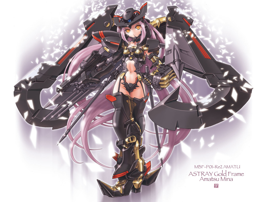 gundam, gundam_astray_gold_frame_amatsu, gundam_seed, gundam_seed_astray, highres, long_hair, mecha_musume, midriff, navel, purple_hair, solo, uni_tenten, very_long_hair, yellow_eyes