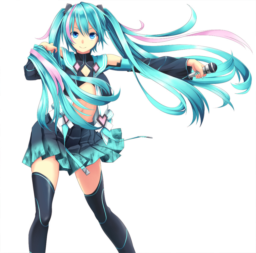 1girl, black_bra, black_legwear, blue_eyes, blue_hair, blue_nails, bra, flat_chest, floating_hair, hair_between_eyes, hair_ornament, hatsune_miku, holding, holding_microphone, koji_(koji-a), long_hair, looking_at_viewer, microphone, midriff, miniskirt, multicolored_hair, nail_polish, navel, pink_hair, pleated_skirt, simple_background, skirt, smile, solo, standing, stomach, thigh-highs, twintails, two-tone_hair, underwear, very_long_hair, vocaloid, white_background, zettai_ryouiki