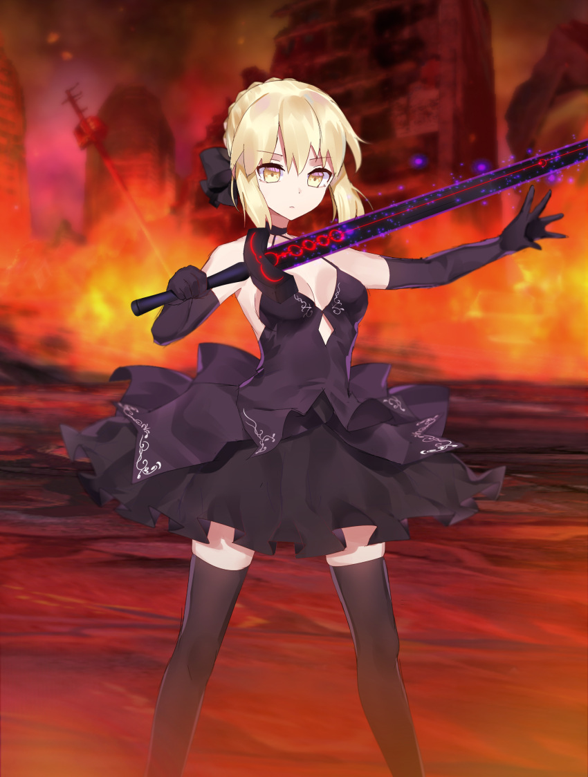 1girl, artoria_pendragon_(all), black_dress, black_gloves, black_legwear, black_ribbon, blonde_hair, breasts