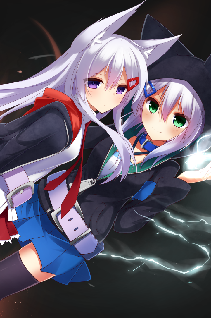 2girls, animal_ears, bell, black_legwear, black_sweater, blue_skirt, collar, eyebrows_visible_through_hair, floatign_hair, fox_ears, green_eyes, hair_between_eyes, hair_ornament, hairclip, long_hair, looking_at_viewer, miniskirt, multiple_girls, partially_unzipped, pleated_skirt, puirple_eyes, silver_hair, skirt, smile, surume_aburi, sweater, thigh-highs, zettai_ryouiki