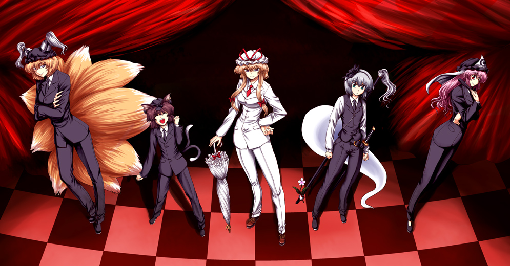 alternate_costume, animal_ears, chen, contemporary, formal, hair_ribbon, hat, katana
