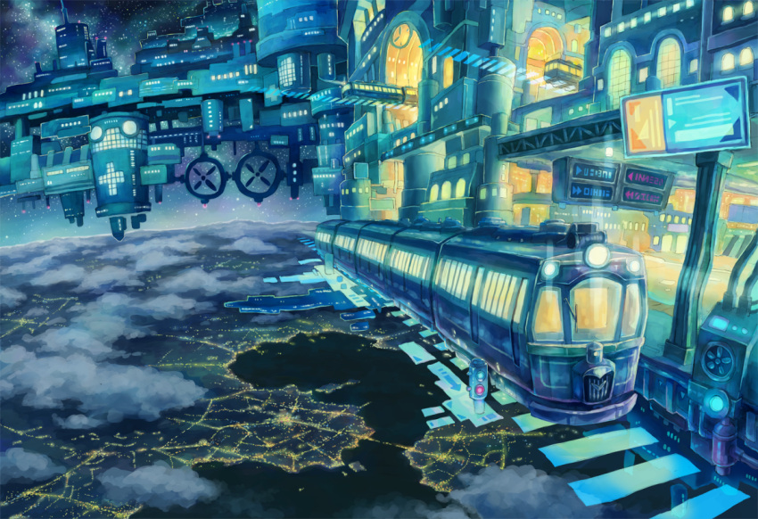 above_clouds, city_lights, clouds, cloudy_sky, commentary_request, earth, fantasy, ground_vehicle