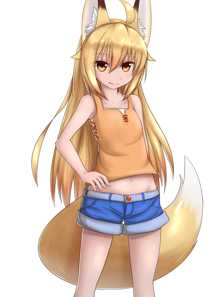1girl, ahoge, animal_ears, arm_behind_back, bangs, bare_arms, blonde_hair, brown_eyes, collarbone, denim, denim_shorts, eyebrows_visible_through_hair, fang, fox_ears, fox_tail, groin, hand_on_hip, highres, horokusa_(korai), korai_(horokusa), long_hair, looking_at_viewer, midriff, original, short_shorts, shorts, simple_background, sleeveless, smile, solo, standing, tail, white_background
