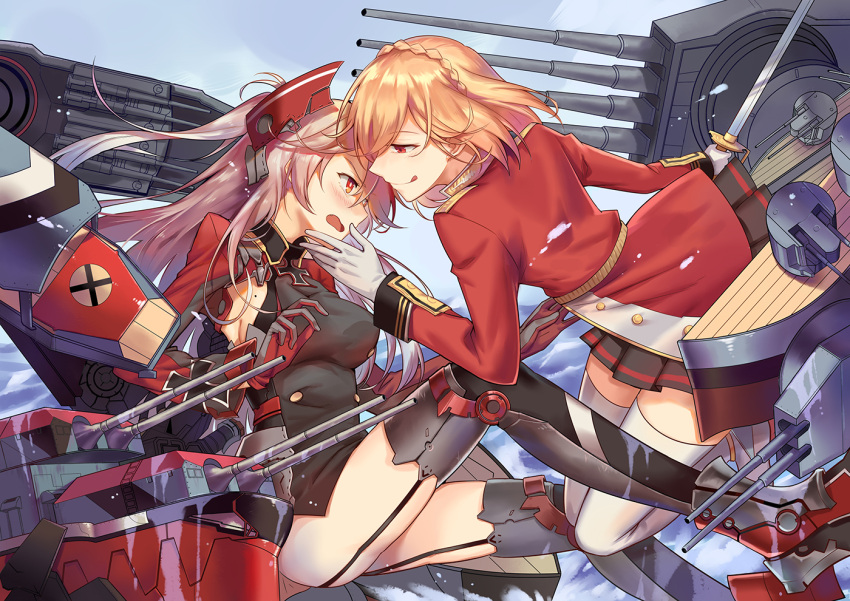 2girls, :0, :q, angry, artist_request, bilan_hangxian, black_legwear, black_skirt