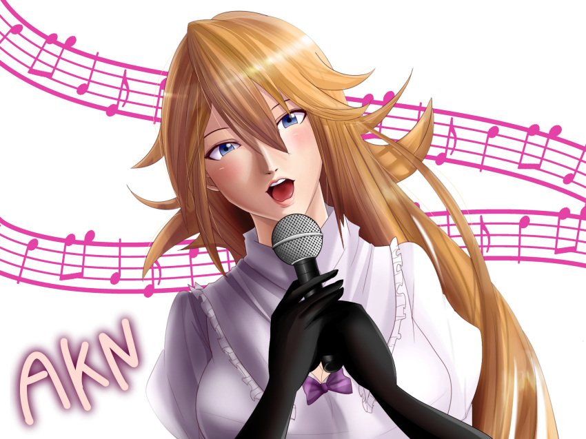 1girl, akane_(cookie), black_gloves, blonde_hair, blue_eyes, blush, breasts, character_name, cleavage, cookie_(touhou), elbow_gloves, eyebrows, gloves, highres, holding, holding_microphone, kirisame_marisa, large_breasts, looking_at_viewer, microphone, music, musical_note, open_mouth, sakamochi, singing, smile, solo, staff_(music), touhou, upper_body
