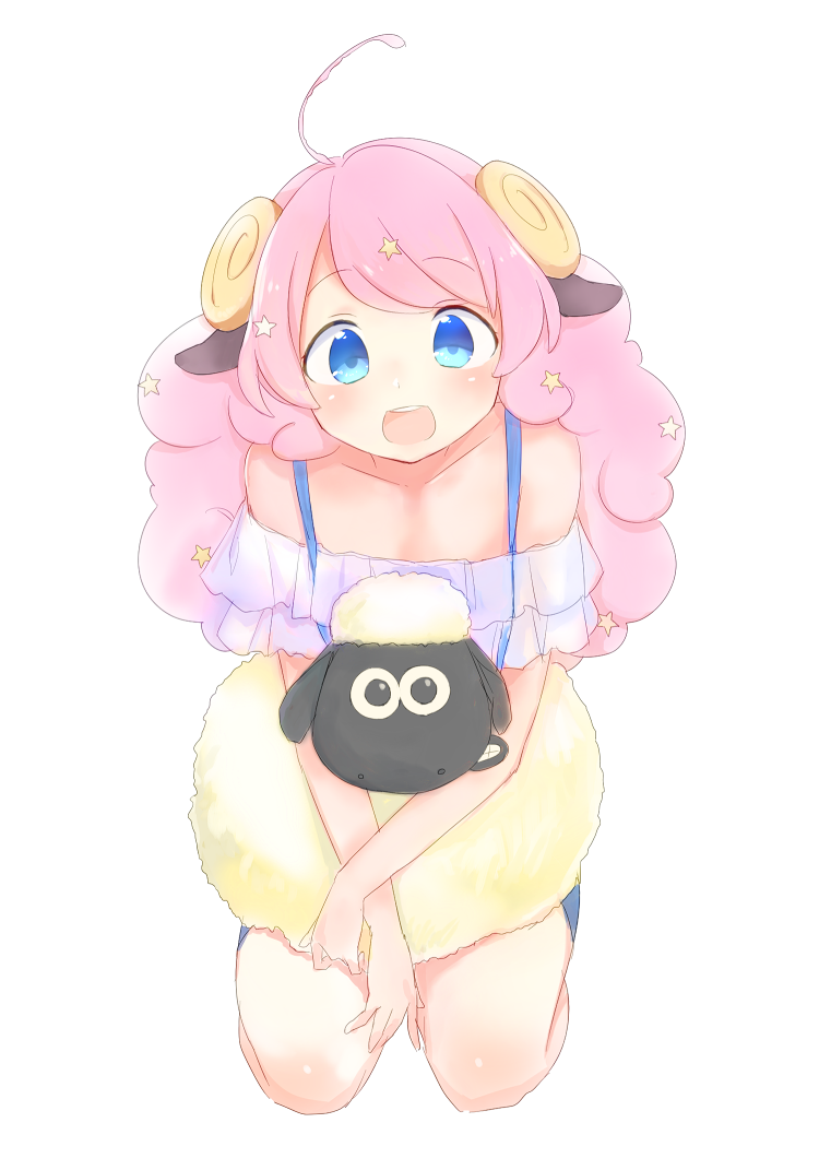 1girl, ahoge, animal_ears, blue_eyes, blush, crossover, horns, long_hair, looking_at_viewer, moa_(show_by_rock!!), open_mouth, pink_hair, shaun_the_sheep, sheep, show_by_rock!!, smile, star, wallace_and_gromit