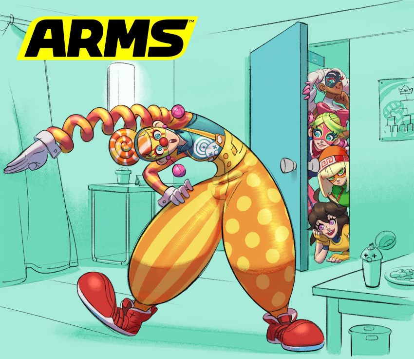 5girls, arms_(game), blue_eyes, bow, clown, clown_nose, dark_skin, door