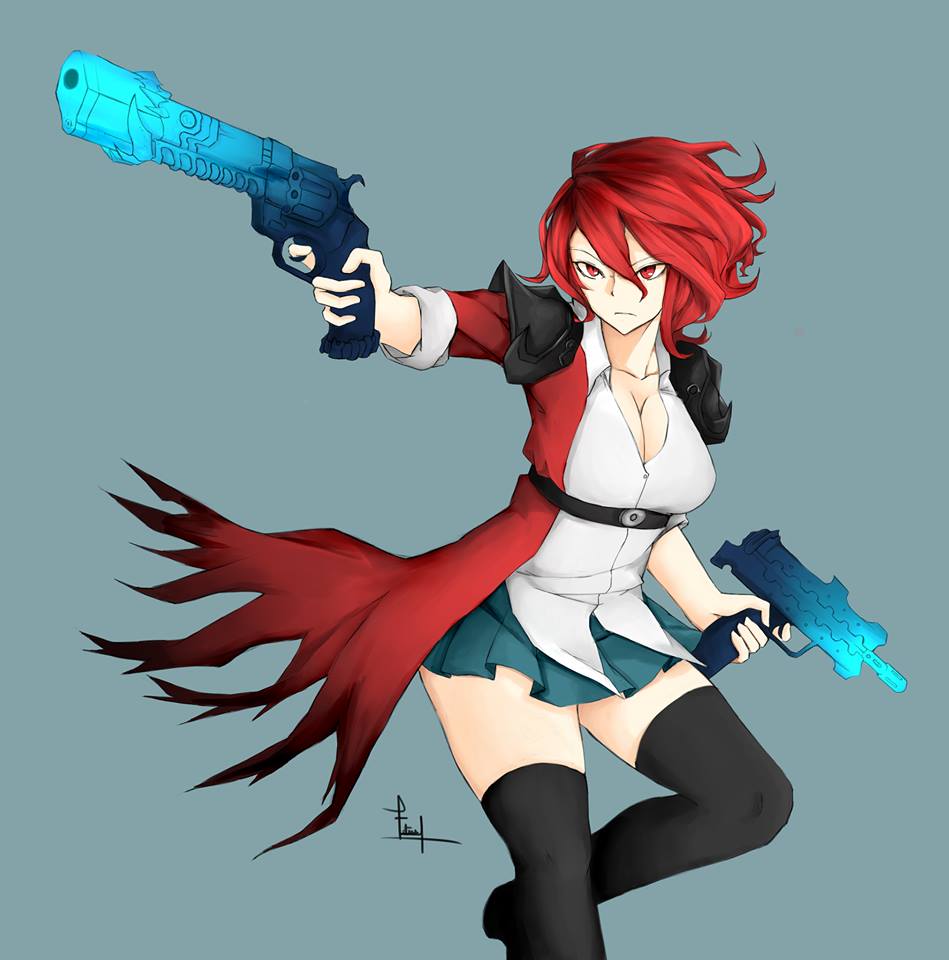 1girl, angry, blue_background, blue_skirt, breasts, cleavage, commentary, dual_wielding, fatuus, gun, large_breasts, looking_to_the_side, open_clothes, open_shirt, original, red_eyes, redhead, shirt, skirt, solo, spaulders, tagme, thigh-highs, weapon, zettai_ryouiki