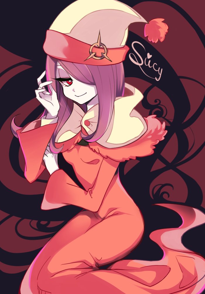 1girl, hair_over_one_eye, hat, leila_(yurisouls), little_witch_academia, purple_hair, red_eyes, smile