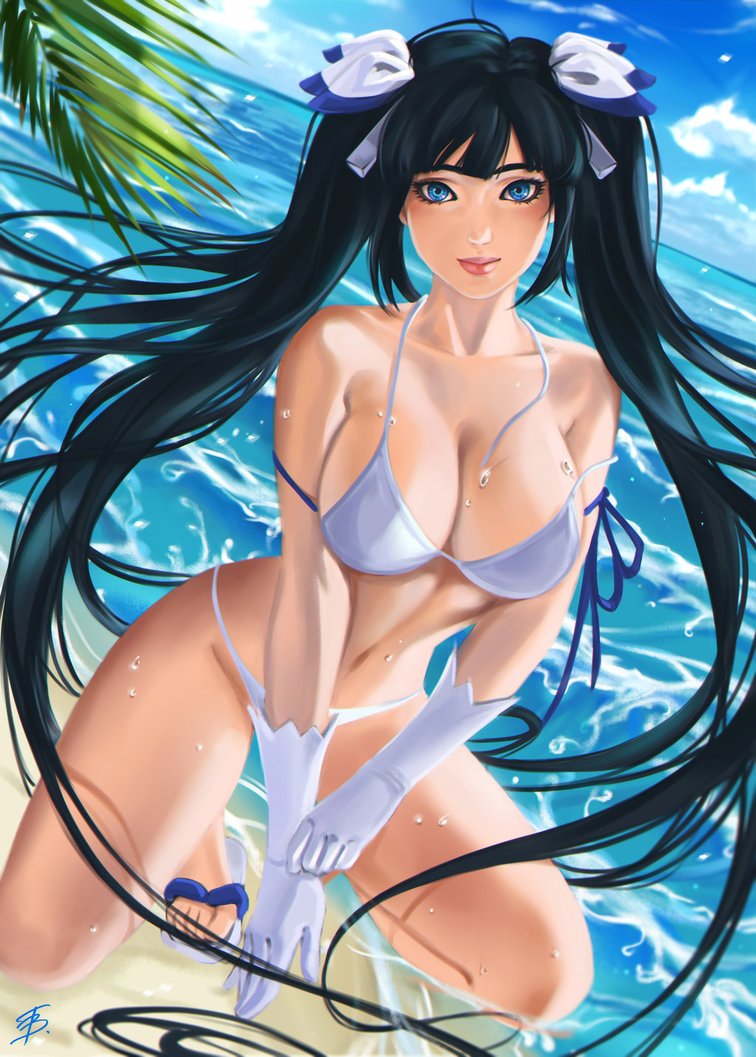 beach, blue_eyes, breasts, cleavage, clouds, collarbone, dungeon_ni_deai_wo_motomeru_no_wa_machigatteiru_darou_ka, flip-flops
