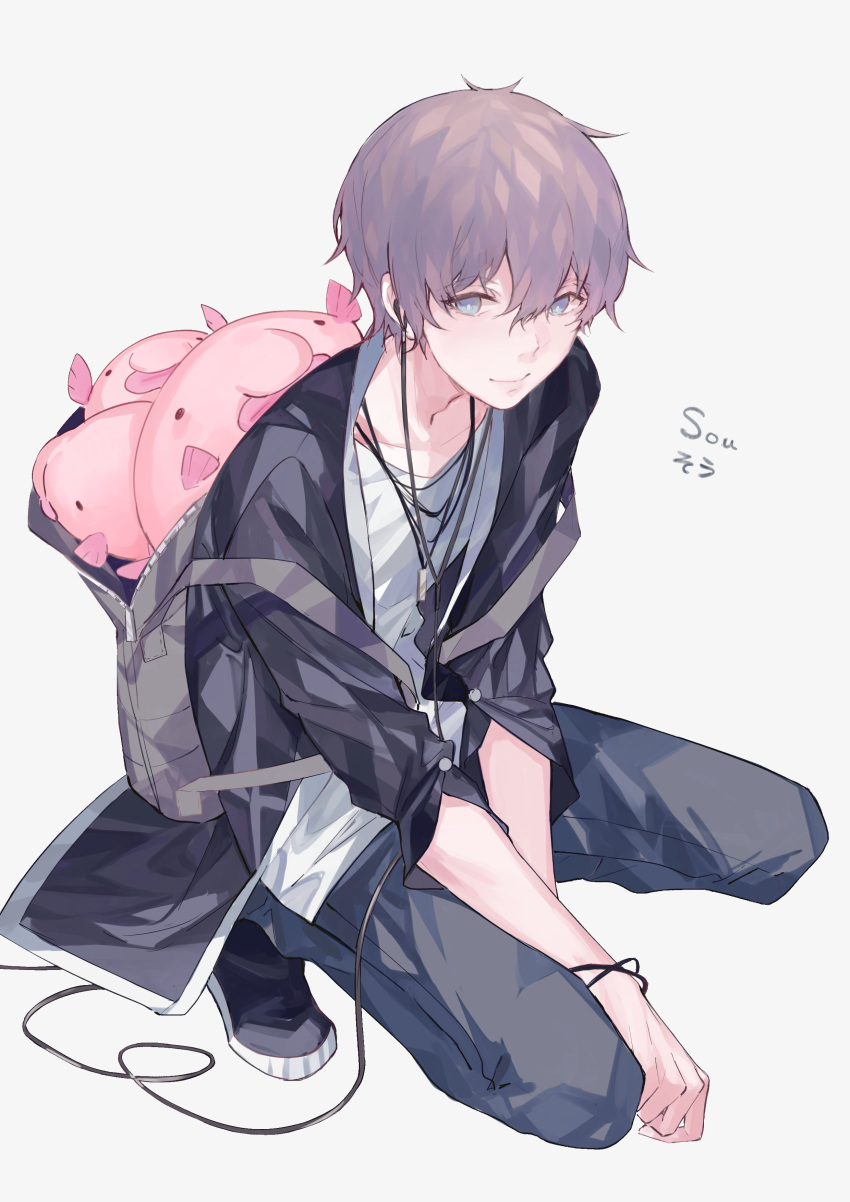 1boy, absurdres, androgynous, backpack, bag, black_jacket, black_pants, black_shoes, blobfish, blue_eyes, brown_hair, cable, character_name, closed_mouth, commentary, denim, eyebrows_visible_through_hair, full_body, headphones, highres, jacket, jeans, kanekiru, long_sleeves, looking_at_viewer, male_focus, niconico, open_backpack, pants, shirt, shoes, short_hair, simple_background, sleeves_pushed_up, smile, sneakers, solo, sou_(niconico), squatting, white_background, white_shirt