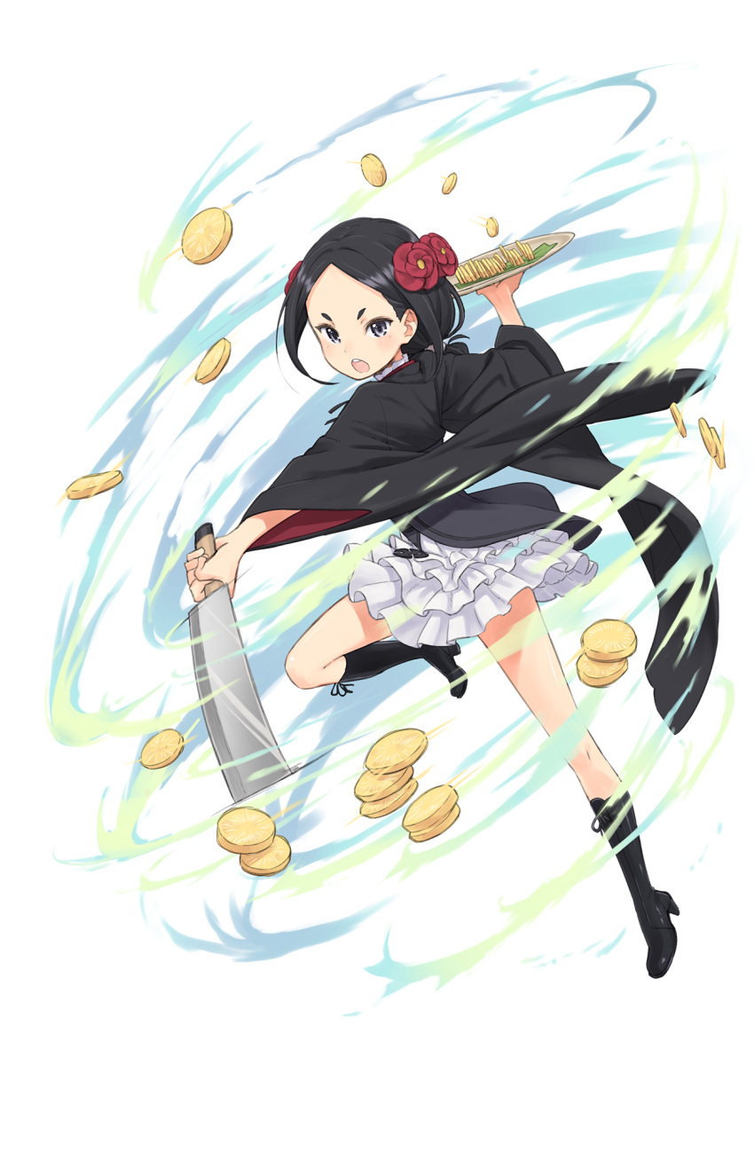 1girl, black_boots, black_hair, boots, chestnut_mouth, eyebrows, flower, forehead
