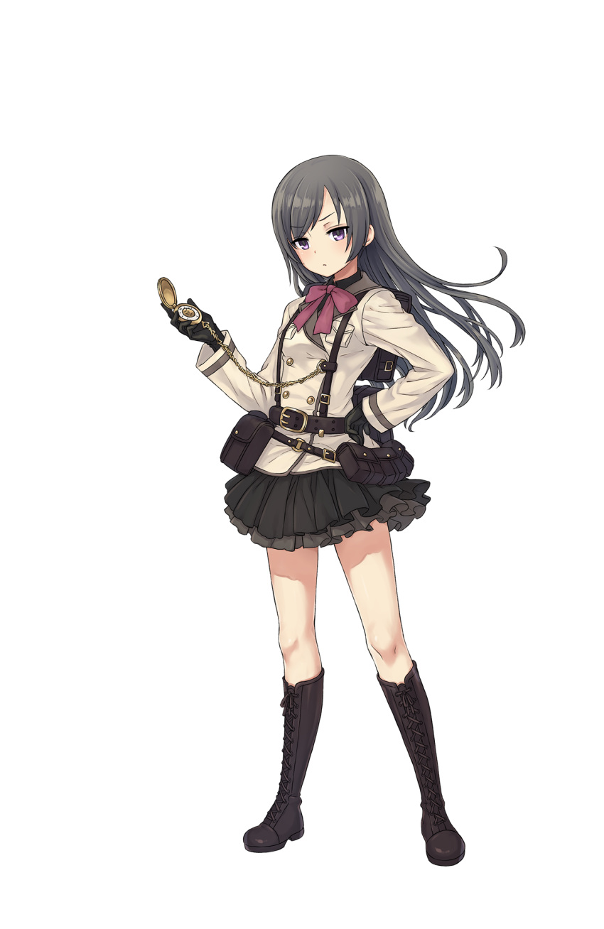 1girl, backpack, bag, belt, black_boots, black_gloves, black_skirt, boots
