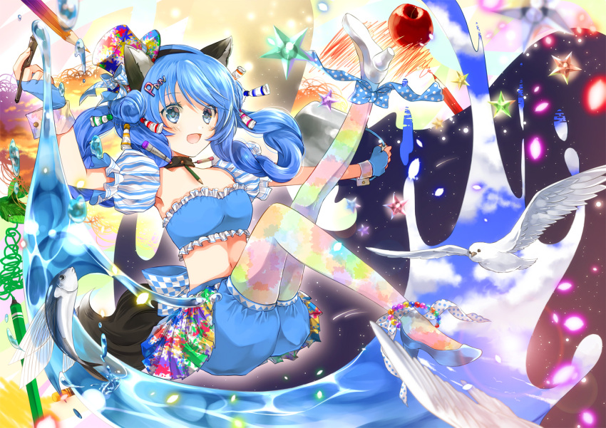 1girl, :d, animal_ears, apple, bird, bloomers, blue_eyes, blue_gloves