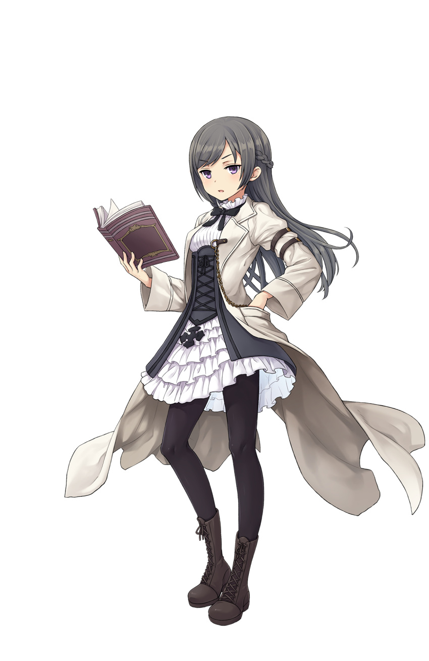 1girl, black_legwear, book, boots, braid, brown_boots, cross-laced_footwear, crown_braid