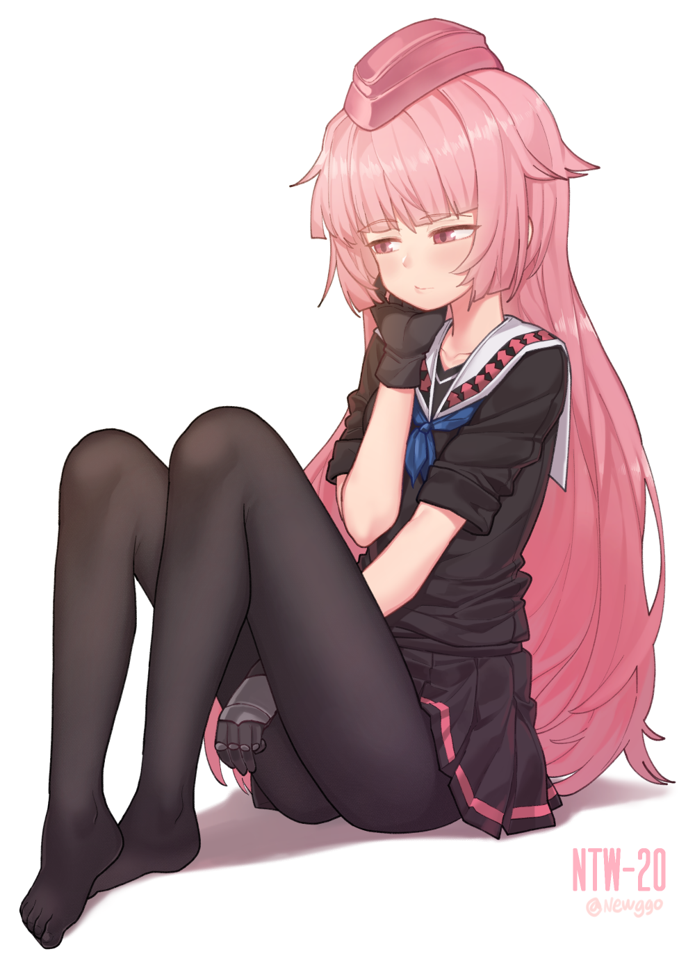 1girl, bangs, between_legs, black_gloves, black_legwear, black_skirt, blue_neckerchief, blunt_bangs