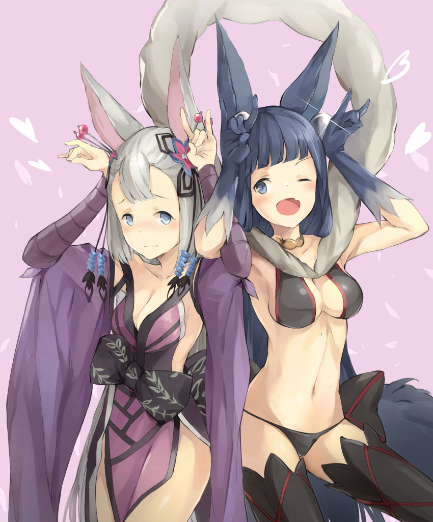 >;d, 2girls, ;d, animal_ears, bikini, black_bikini, black_hair, black_legwear