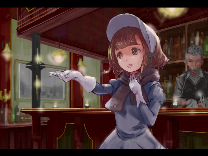 1boy, 1girl, bar, bartender, beatrice_(princess_principal), blurry, blurry_background, bonnet