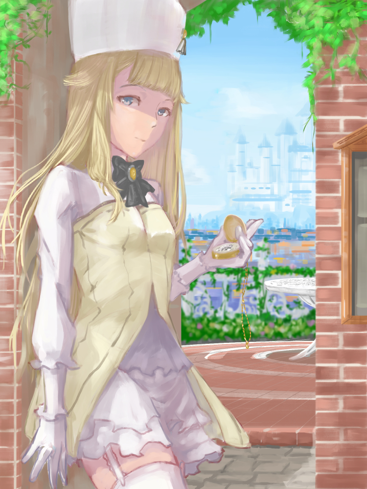 arm_at_side, black_bow, blonde_hair, blue_eyes, blue_sky, bow, brick, castle