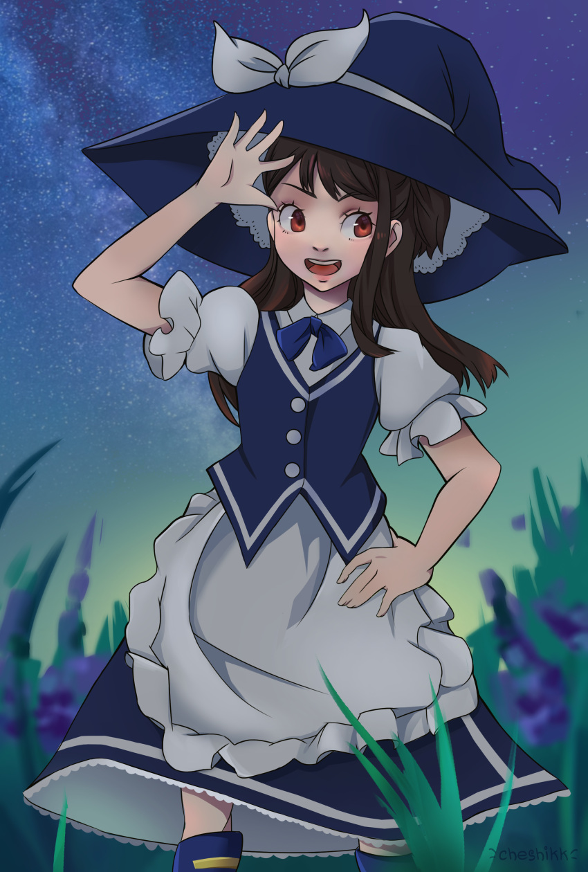 1girl, absurdres, boots, brown_hair, cheshikk, dress, hat, highres