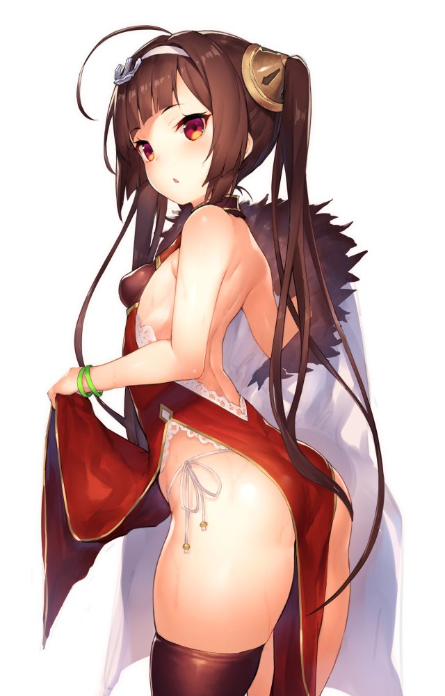 1girl, ahoge, ass, azur_lane, back, bangs, bare_arms, bare_back, black_legwear, blunt_bangs, bracelet, breasts, brown_hair, china_dress, chinese_clothes, dress, dress_lift, from_behind, fur_collar, hair_ornament, hairband, inayama, jewelry, lifted_by_self, long_hair, open-back_dress, panties, ping_hai_(bilan_hangxian), red_dress, red_eyes, side-tie_panties, side_slit, simple_background, single_thighhigh, small_breasts, solo, standing, thigh-highs, twintails, underwear, very_long_hair, white_background, white_hairband