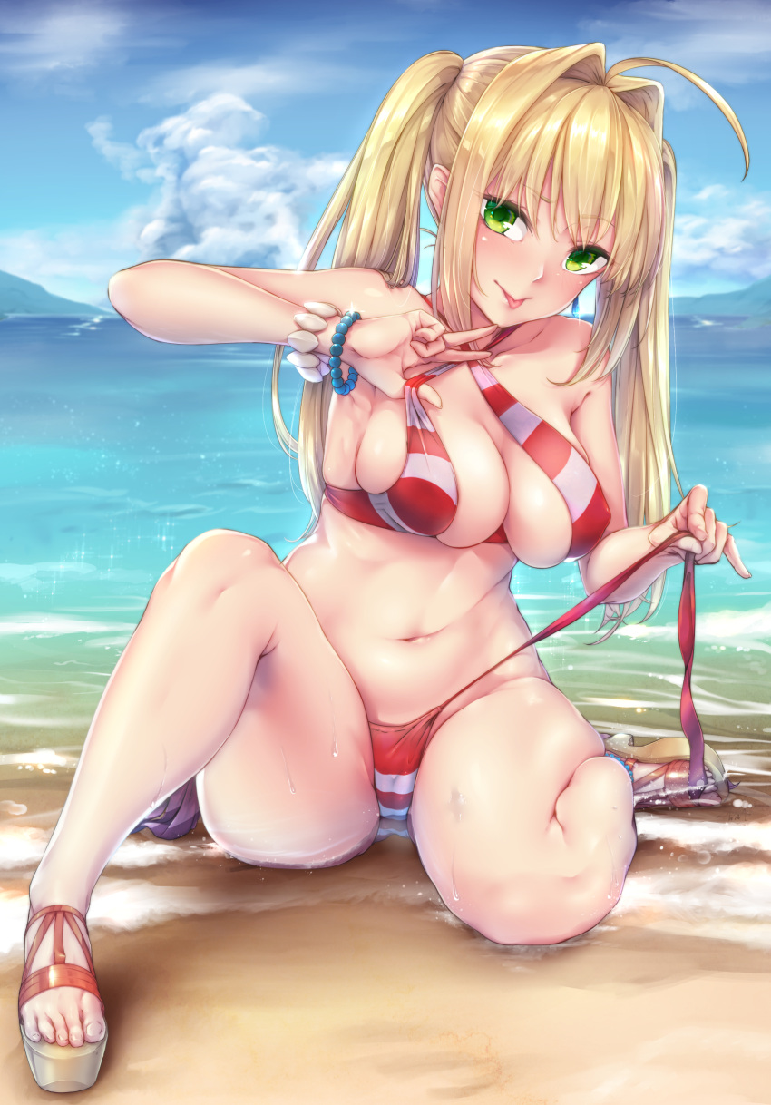 1girl, :p, absurdres, arm_up, bangs, bare_legs, beach, bead_bracelet