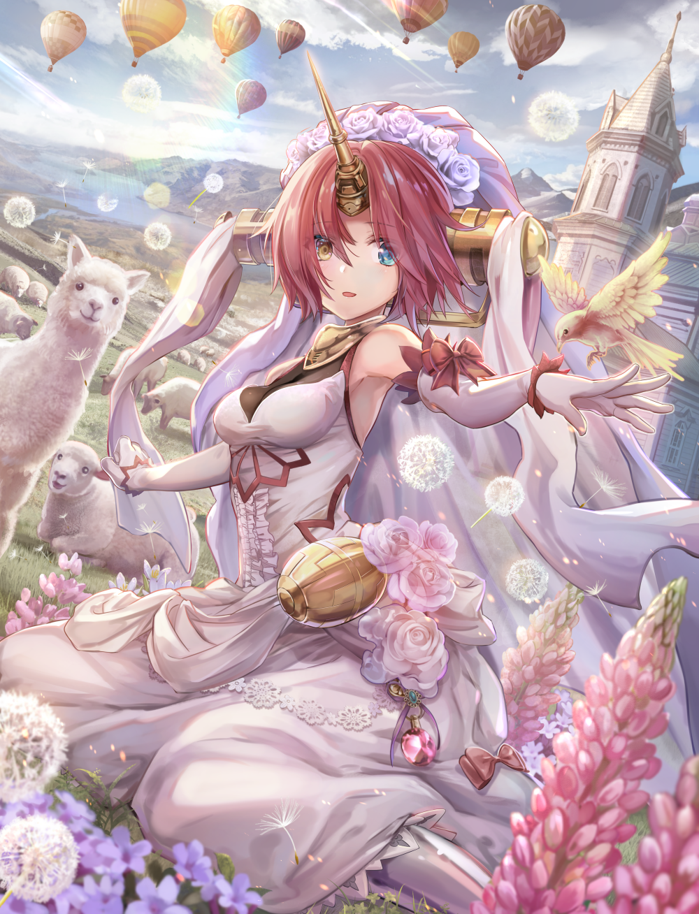 1girl, alpaca, animal, bangs, bellflower, berserker_of_black, bird, blue_eyes, bow, breasts, bridal_veil, building, clouds, commentary, dandelion, dandelion_seed, day, dress, dutch_angle, elbow_gloves, eyebrows_visible_through_hair, fate/apocrypha, fate_(series), field, flower, flower_request, gem, gloves, grass, hair_flower, hair_ornament, headgear, heterochromia, highres, horizon, horn, hot_air_balloon, lens_flare, looking_at_viewer, lupinus_(flower), medium_breasts, mountain, open_mouth, outdoors, outstretched_arms, pink_hair, rose, sheep, short_hair, sitting, sky, sleeveless, sleeveless_dress, solo, spread_arms, sunlight, torino_akua, veil, wedding_dress, white_dress, white_gloves, yellow_eyes, yokozuwari