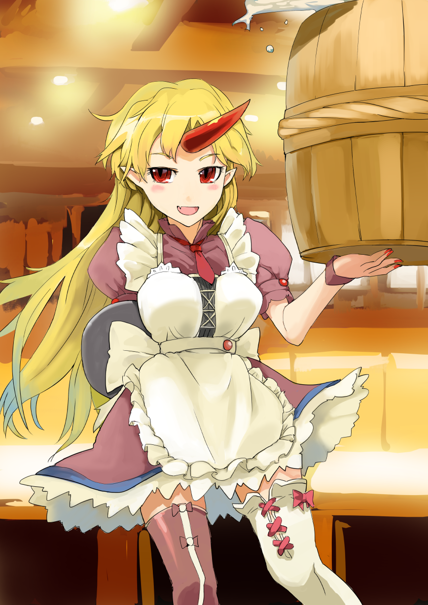 1girl, alternate_costume, apron, asymmetrical_legwear, barrel, blonde_hair, blush, carrying