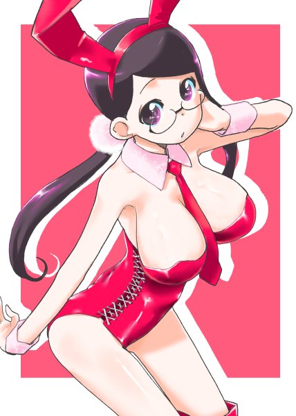 1girl, animal_ears, black_hair, breasts, bunny_girl, bunnysuit, detached_collar, fake_animal_ears, glasses, kusuri_no_marjoram, large_breasts, leotard, long_hair, mahou_yuki, necktie, rabbit_ears, red_leotard, solo, suzushiro_seri, violet_eyes, wrist_cuffs