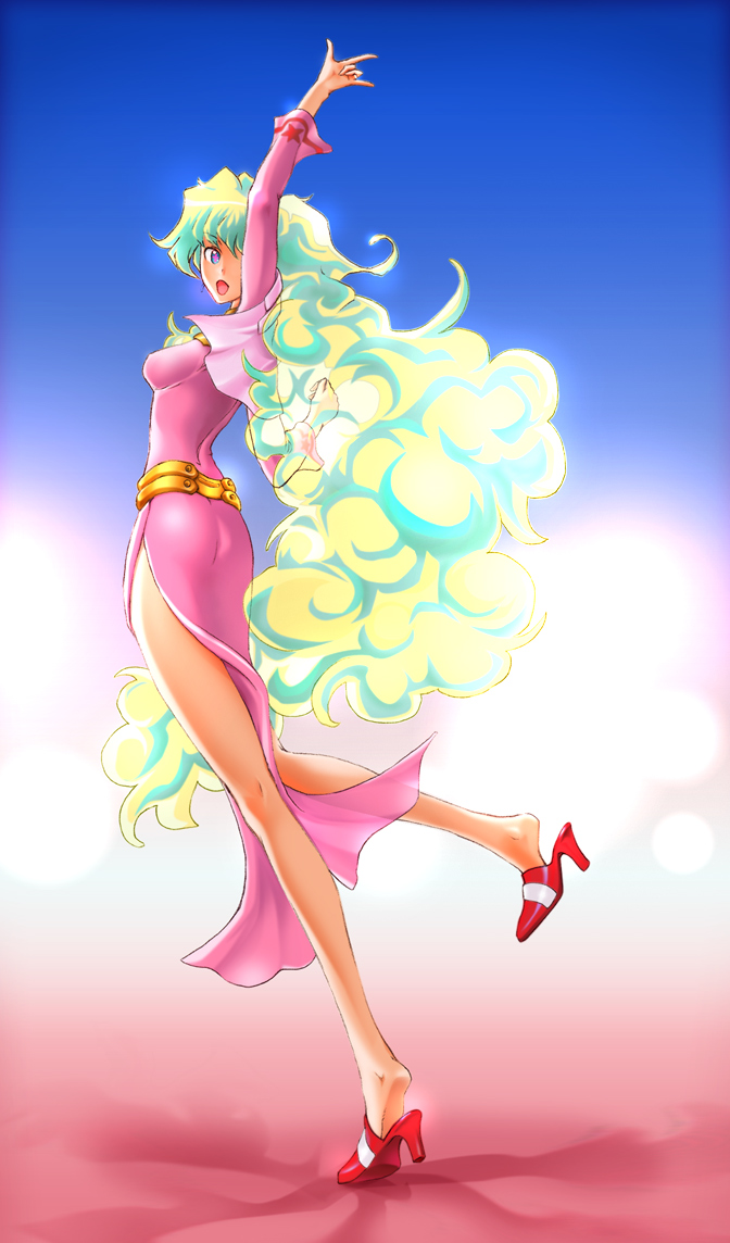 high_heels, long_hair, long_legs, multicolored_hair, nia_teppelin, shoes, side_slit, tengen_toppa_gurren_lagann