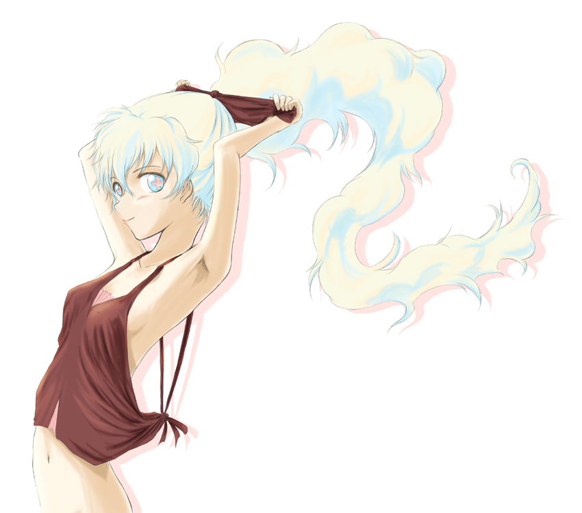 armpits, arms_up, bare_shoulders, blush, chiaki_lsd, collarbone, hair_ribbon, navel
