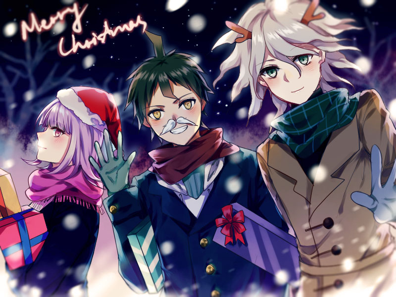 1girl, 2boys, alti_meizi, antlers, box, brown_eyes, dangan_ronpa, eyebrows_visible_through_hair