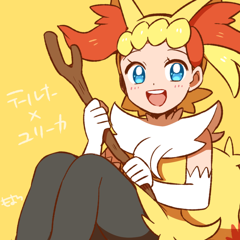 1girl, blonde_hair, blue_eyes, braixen, braixen_(cosplay), cosplay, eureka_(pokemon), moyori, pokemon, pokemon_(anime), pokemon_xy_(anime), simple_background, smile, solo, stick, yellow_background