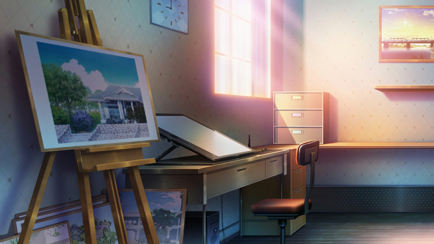 chair, clock, commentary, day, drawing_tablet, highres, house, indoors