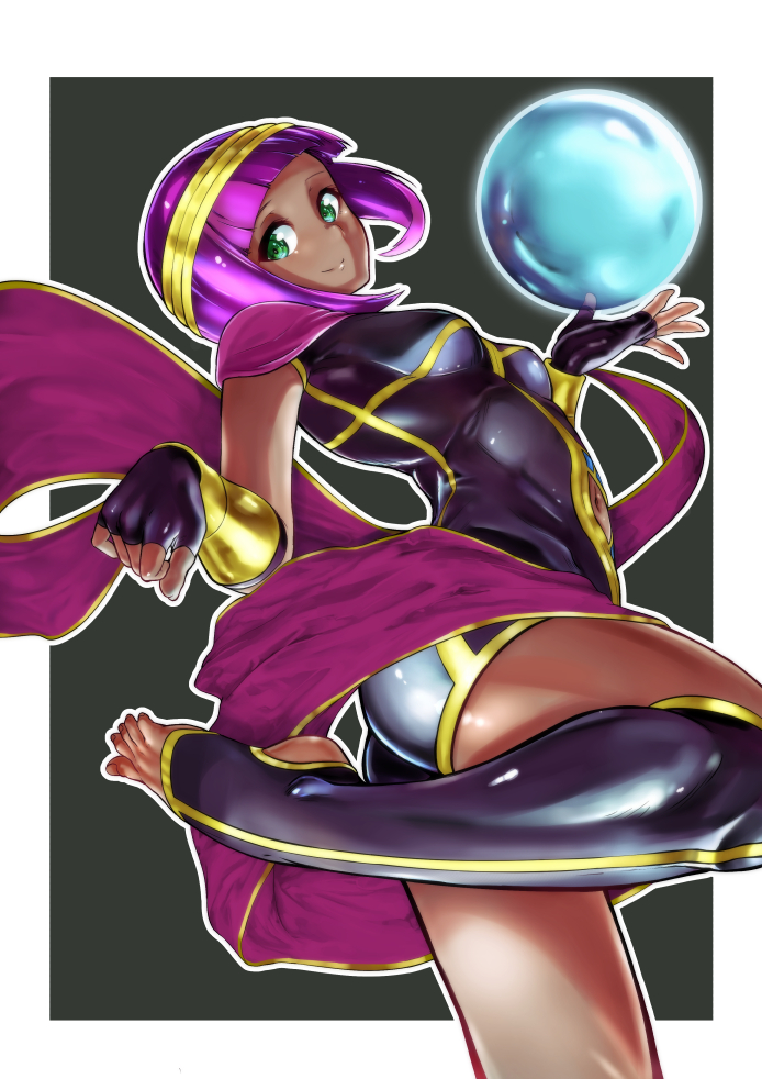 1girl, bangs, blunt_bangs, bob_cut, bokkusu, breasts, crystal_ball, dark_skin