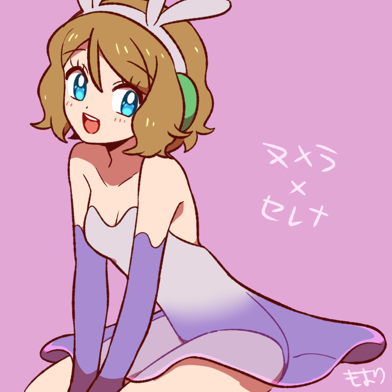 1girl, blue_eyes, breasts, brown_hair, cleavage, cosplay, goomy, goomy_(cosplay), hairband, moyori, pink_background, pokemon, pokemon_(anime), pokemon_xy_(anime), serena_(pokemon), short_hair, simple_background, smile
