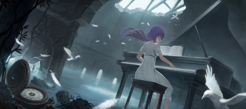 1girl, absurdres, bird, clock, dress, fate/stay_night, fate_(series), floating_hair, from_behind, highres, instrument, long_hair, matou_sakura, music, piano, playing_instrument, purple_hair, ruins, short_dress, sitting, solo, white_dress, xukong