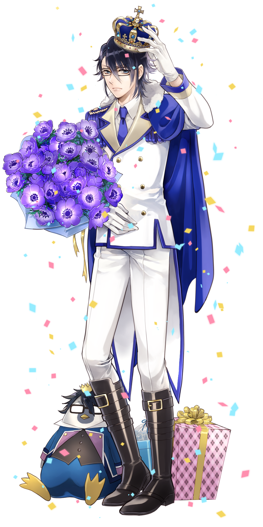 1boy, arm_up, black-framed_eyewear, black_boots, black_hair, blue_necktie, boots, bouquet