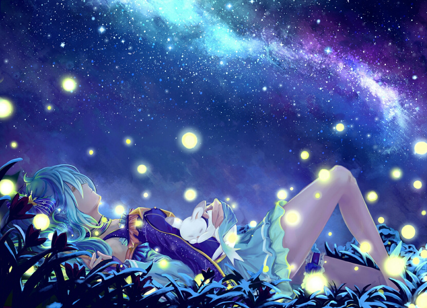 1girl, blue_hair, blue_shirt, blue_skirt, closed_eyes, cxonline, from_side, garters, hair_between_eyes, hatsune_miku, highres, long_hair, lying, miniskirt, night, on_back, shirt, skirt, sky, sleeping, solo, star_(sky), starry_sky, vocaloid