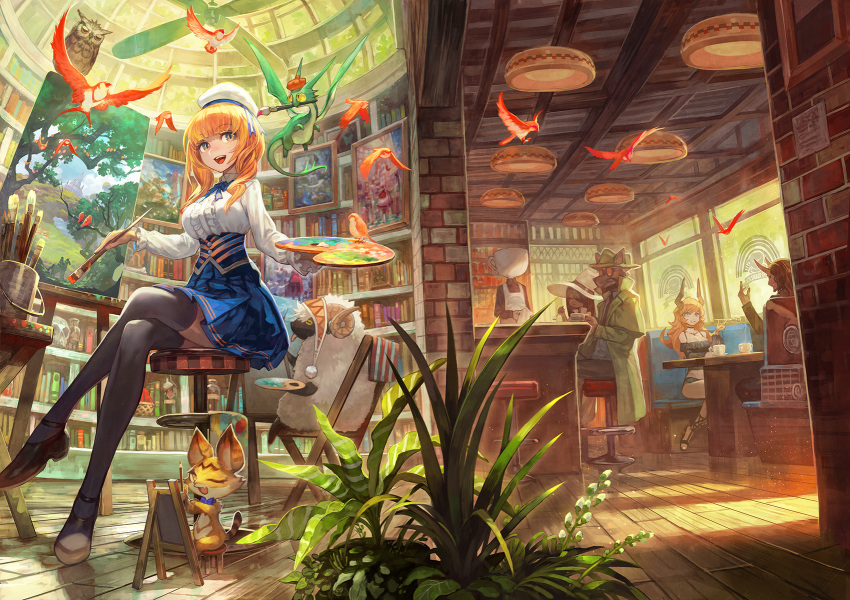 3boys, 3girls, animal, animal_ears, apron, bangs, bird, black_legwear, black_shoes, blue_eyes, blue_ribbon, blue_skirt, blunt_bangs, book, bookshelf, brown_hair, can, ceiling_fan, ceiling_light, closed_mouth, clothed_animal, coa, commentary_request, couch, creature, cup, day, dress, eyebrows_visible_through_hair, flower, flying, glasses, grass, green_coat, hand_up, hat, highres, horns, indoors, lack, legs_crossed, library, long_sleeves, looking_at_another, looking_at_viewer, monster, multiple_boys, multiple_girls, neck_ribbon, one_eye_closed, open_mouth, orange_eyes, orange_hair, original, owl, paint_splatter, paintbrush, painting_(object), palette, plant, pleated_skirt, potted_plant, pub, ribbon, scenery, sheep, shirt, shoes, sitting, skirt, smile, stool, sunlight, table, thigh-highs, white_shirt, witch_hat, wolf_ears, wooden_floor