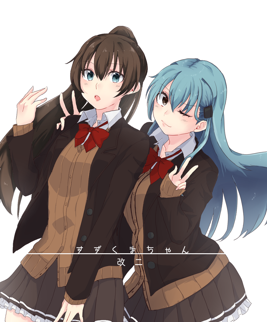 2girls, achii_adachi, ascot, bow, brown_eyes, brown_hair, brown_skirt, cardigan