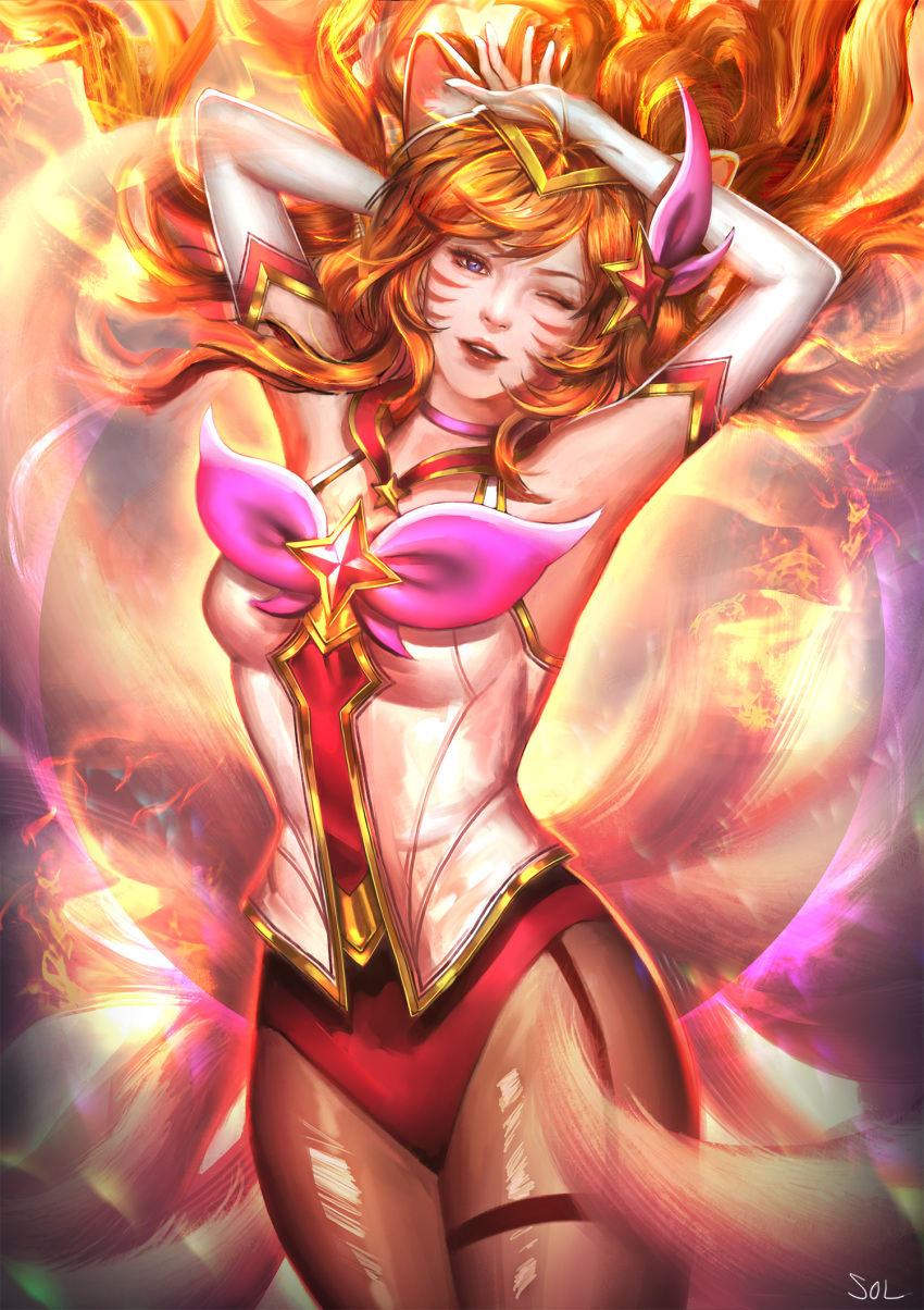 1girl, ;d, ah-lyong_lee, ahri, alternate_hair_color, animal_ears, armpits, arms_up