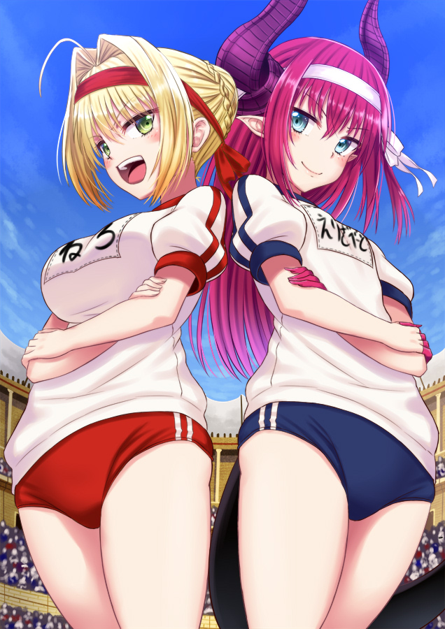 >:), >:d, 2girls, :d, ahoge, back-to-back, blonde_hair, blue_buruma