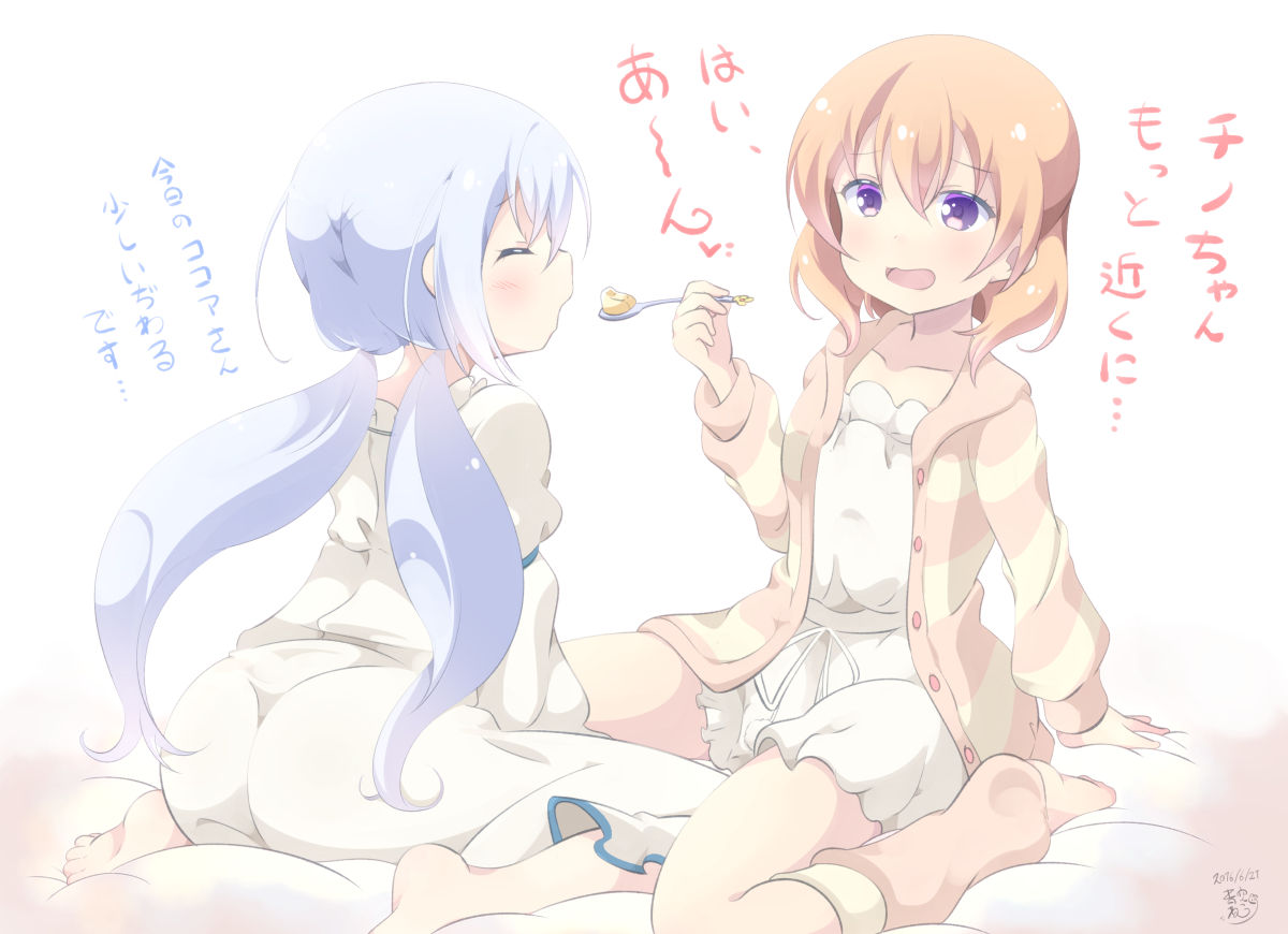 2girls, aosora_neko, artist_name, ass, bangs, barefoot, bed_sheet, blush